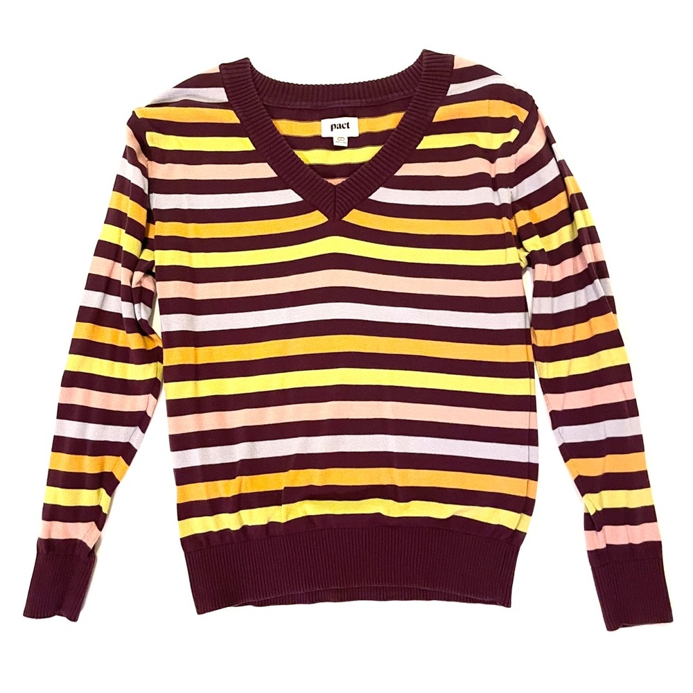 Pact Classic Fine Knit V-Neck Sweater Aspen Stripe
